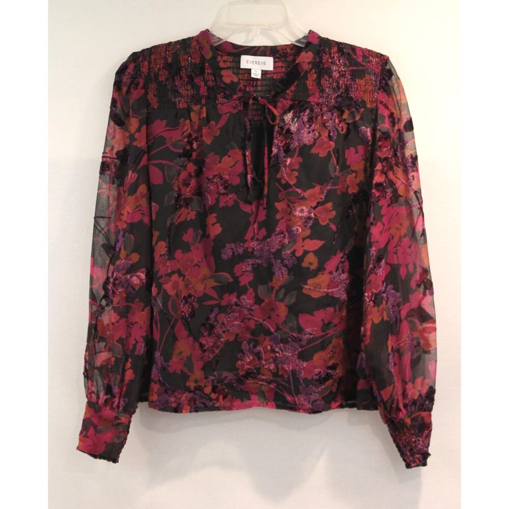 Evereve Floral Velvet Burnout Top Womens size S Purple Black Lined Tie Front